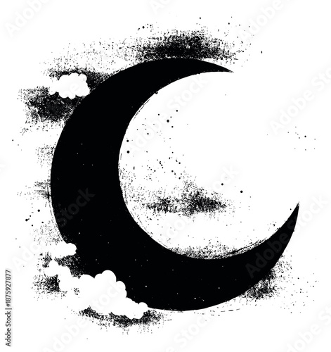 Grunge illustration of a crescent moon depicting a distressed texture for celestial themes