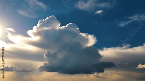 Majestic towering cumulus cloud, brightly sunlit against a deep blue and golden sky
