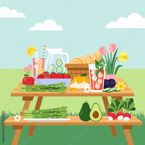 Summer Picnic Spread with Fresh Produce and Drinks in a Park