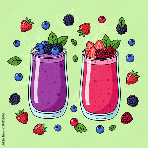 Two colorful berry smoothies in glasses, surrounded by fresh berries and leaves