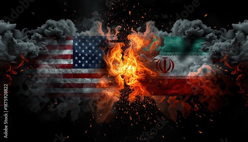 A dramatic image of the American and Iranian flags engulfed in flames and smoke