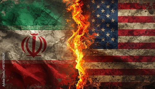 A dramatic image of the Iranian and American flags with a fiery divide