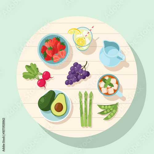 Healthy Food Flat Lay: Fruits, Vegetables, Drink and Pitcher
