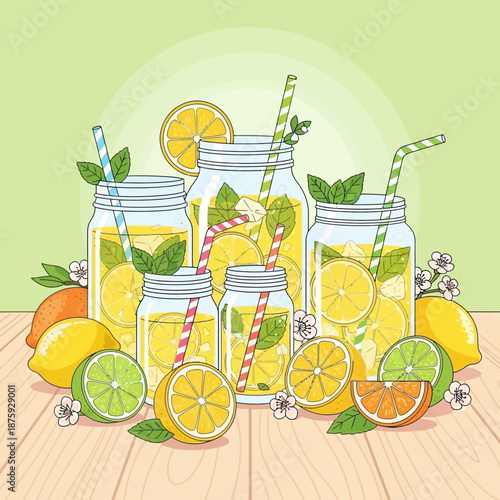 Refreshing Lemonade Drinks in Mason Jars with Citrus Fruits and Mint