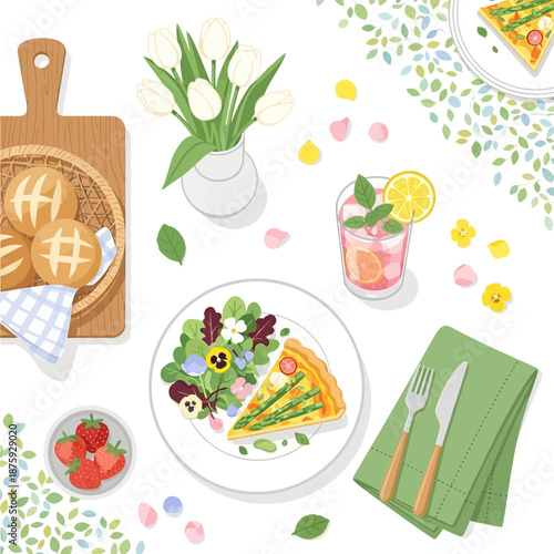 Spring Brunch Table Setting with Quiche Salad and Flowers