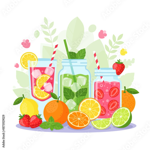 Refreshing Summer Drinks with Fruits and Leaves Illustration