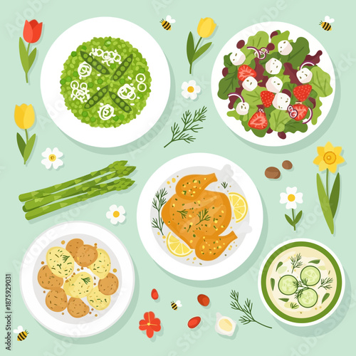 Spring Feast: Fresh Food Platter with Chicken, Salad, Asparagus, Potatoes and Flowers