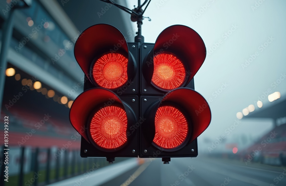 Fototapeta premium Racing start lights glow red indicating a race stop or delay. Four red bulbs are illuminated against a blurred track and grandstand background.