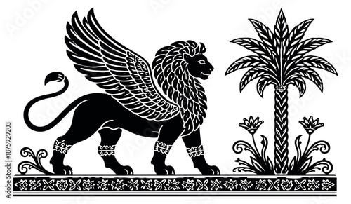 Ancient line art illustration of a winged lion and palm tree depicting a mesopotamian motif for history and mythology