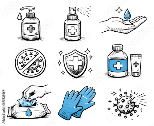 Hand drawn health set featuring hand sanitizer, medical gloves, and virus protection for cleanliness and safety