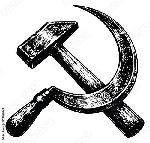 Hand drawn line art illustration of a hammer and sickle symbol depicting the communist emblem for political design