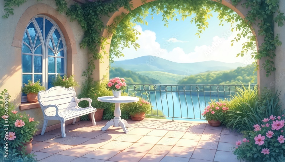 Fototapeta premium Terrace with white bench and table overlooks lake and green hills. Sunlight streams onto potted pink flowers and rich vines. Tranquil water, blue sky, and mountains create peaceful outdoor setting.