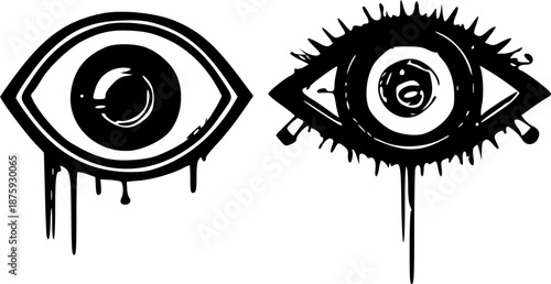 A creative vector illustration design of a human eye and iris symbol featuring a black cartoon eyeball and eyebrow for a vision logo or beauty tattoo art drawing