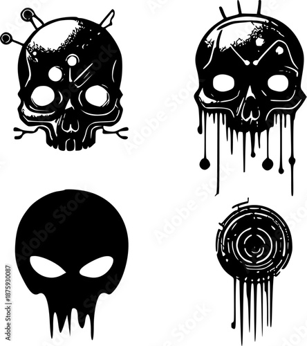 A collection of scary human skull and bone vector illustrations, featuring frightening anatomical faces with teeth, perfect for horror Halloween tattoos or art. 