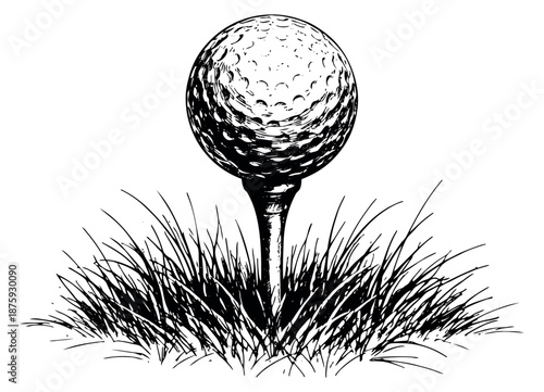 Hand drawn line art illustration of a golf ball depicting a tee shot setup for golf and sporting events