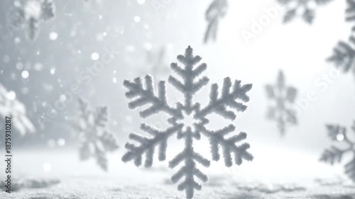 Detailed frosted snowflake floating against a bright, snowy, blurred winter backdrop with bokeh