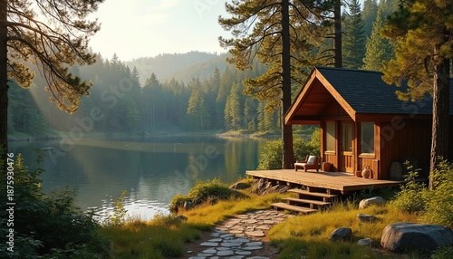 Wooden cabin by calm lake in evergreen forest. Sunny morning with mist rising. Stone path leads to deck with chairs. Serene nature landscape invites relaxation.