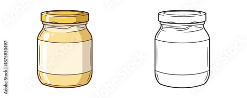 Mayonnaise in glass jar with yellow lid in cartoon style white and yellow colors creamy sauce or condiment ingredient isolated on white background