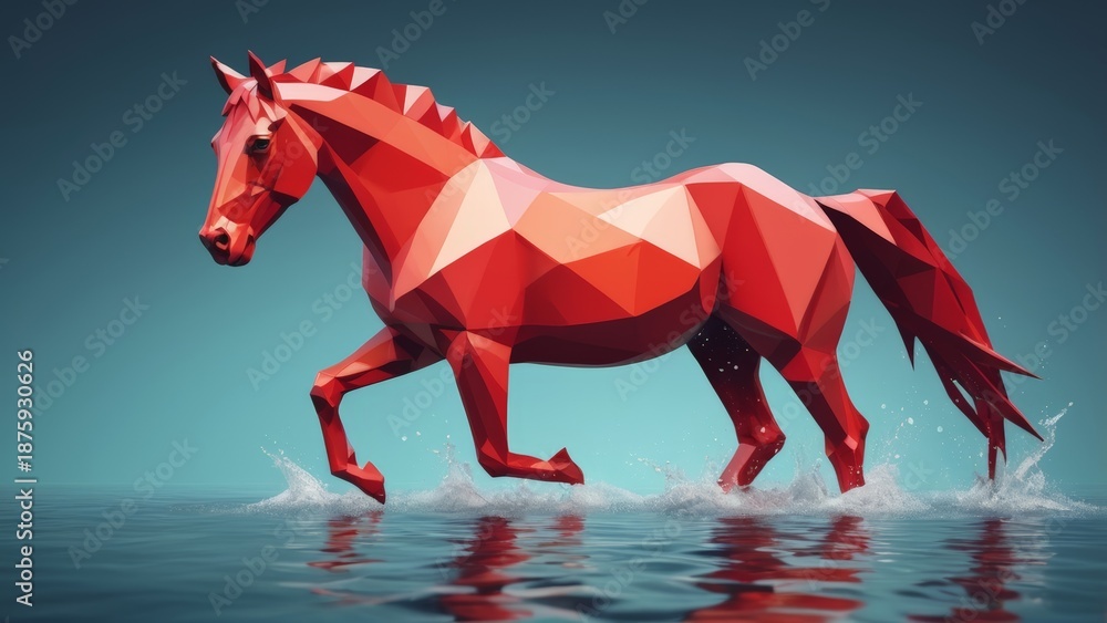 Obraz premium Red Low Poly Horse Standing and Running in Water Geometric Polygonal Animal Art Landscape_6