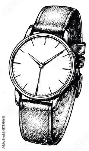 Hand drawn illustration of a wrist watch depicting a classic timepiece for design elements