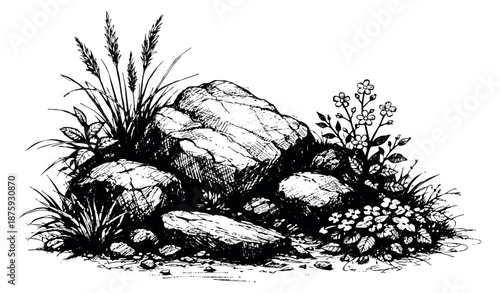Hand drawn line art illustration of rocks, grass and flowers depicting a natural garden element for outdoor designs