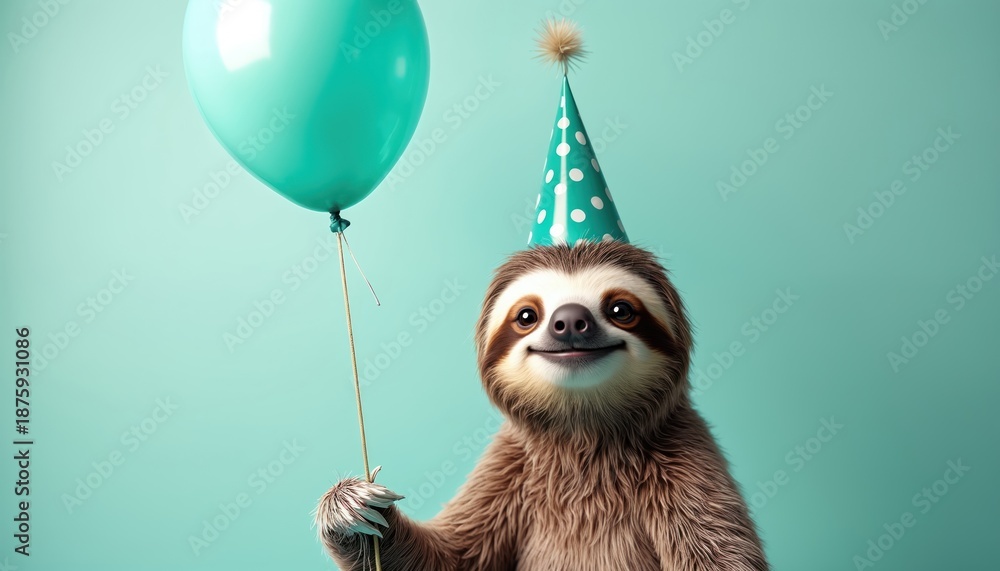 Fototapeta premium Joyful sloth wears party hat, holds teal balloon. Funny mammal celebrates happy birthday, making festive mood. Cute animal has fun at party event, adorable wild creature.