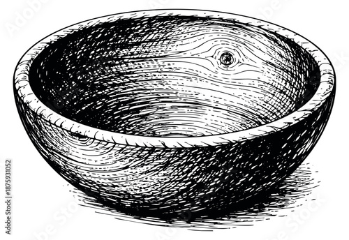Hand drawn line art illustration of a wooden bowl depicting natural wood grain for kitchen and home decor