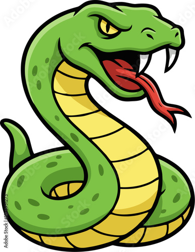 Fierce cartoon green viper snake hissing with sharp fangs, red tongue out, yellow underbelly coiled ready to strike, bold vector mascot illustration