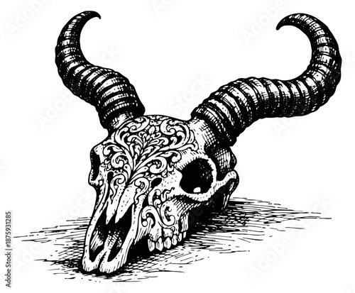 Hand drawn line art illustration of an animal skull depicting ornate filigree and large curved horns for fantasy and occult themes