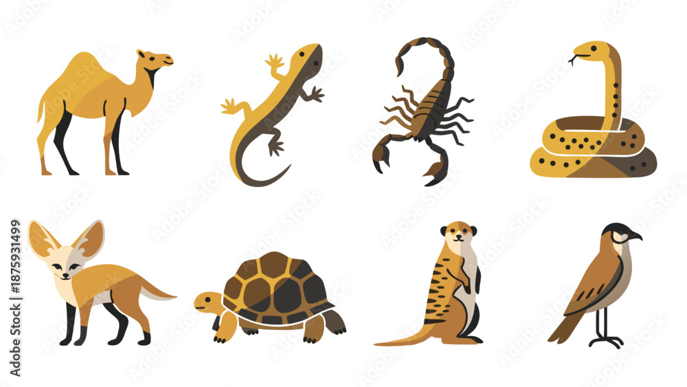 Obraz premium Collection of desert animals in a flat, stylized illustration style
