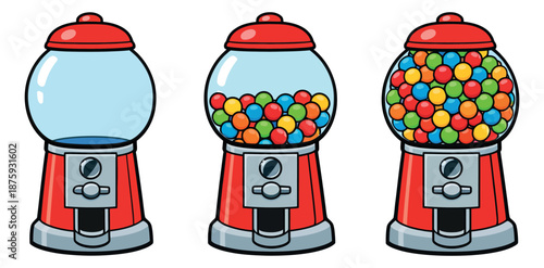 Colorful line art gumball machine set featuring empty, half full, and full machines with colorful gumballs for sweet concepts