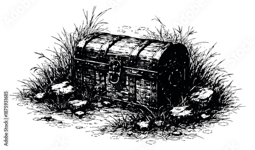 Hand drawn line art illustration of a treasure chest depicting it hidden amidst grass and rocks for adventure and fantasy themes