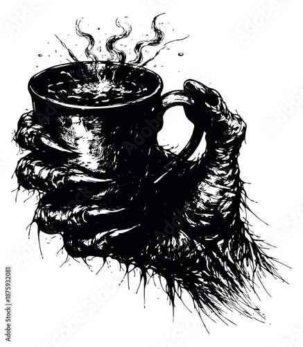 Hand drawn line art illustration of a monstrous hand depicting it holding a steaming mug for horror or gothic designs