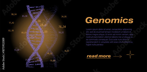 Glowing DNA helix of scattered numbers and geometric shapes on black background. Conceptual vector illustration for personalized medicine and genomics themes.