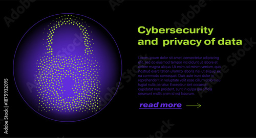 Glowing purple padlock made of neon green dots inside a circle on black background. Conceptual vector illustration for cybersecurity and data privacy themes.
