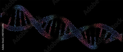 Vibrant rainbow DNA double helix made of colorful glowing dots on black background. Conceptual vector illustration for genomics, biotechnology and personalized medicine themes.