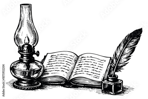 Hand drawn vintage writing tools set featuring a kerosene lamp, an open book, a quill pen and an inkwell for education and literature