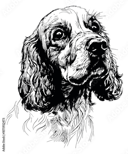 Hand drawn line art illustration of a cocker spaniel dog depicting a detailed portrait for pet and animal themed designs