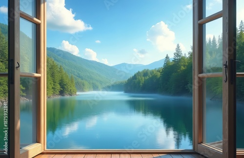 Open window frame reveals serene blue lake vista surrounded by lush green forest and mountains. Clear sky with soft clouds adds to tranquil natural scene, promoting peace.