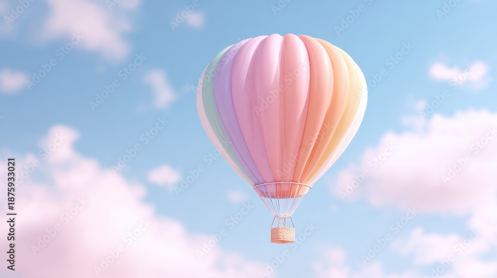 Fototapeta premium Colorful hot air balloon floating in a bright blue sky with fluffy clouds, creating a serene and uplifting atmosphere for adventure seekers