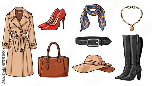 Collection of stylish women's fashion accessories and clothing items