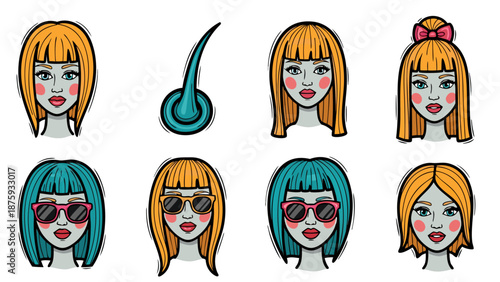 Diverse cartoon women's hairstyles and a single hair strand illustration