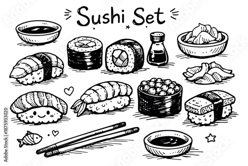 Hand drawn line art sushi set featuring various rolls, nigiri, and condiments for japanese cuisine