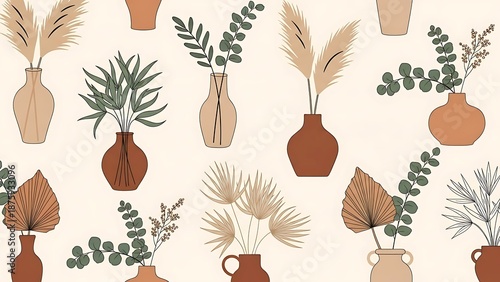 Boho Chic Dried Floral Arrangements in Various Vases Seamless Pattern.