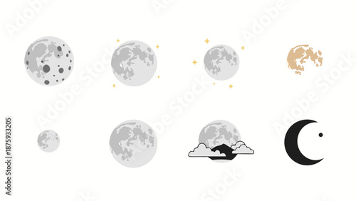Collection of stylized moon illustrations showing different phases and celestial bodies
