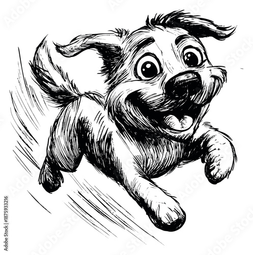 Hand drawn line art illustration of a puppy depicting happily running for pet-related designs