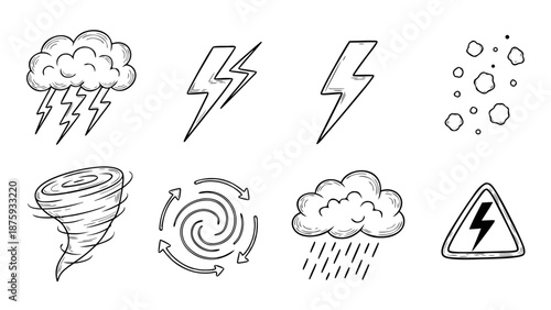 Collection of hand-drawn weather icons including lightning, clouds, and storms