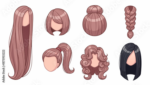 Collection of diverse cartoon hairstyles for female characters, isolated on white
