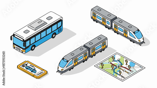 Isometric transportation icons: bus, trains, ticket, and route map for travel planning