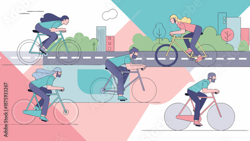 Diverse group of people cycling through a stylized urban landscape with colorful geometric shapes